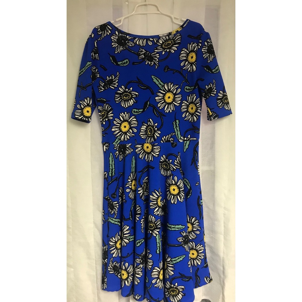 LuLaRoe Nicole Dress Womens XL Royal Blue Daisy Floral Fit Flare Elbow Sleeve - Picture 4 of 4